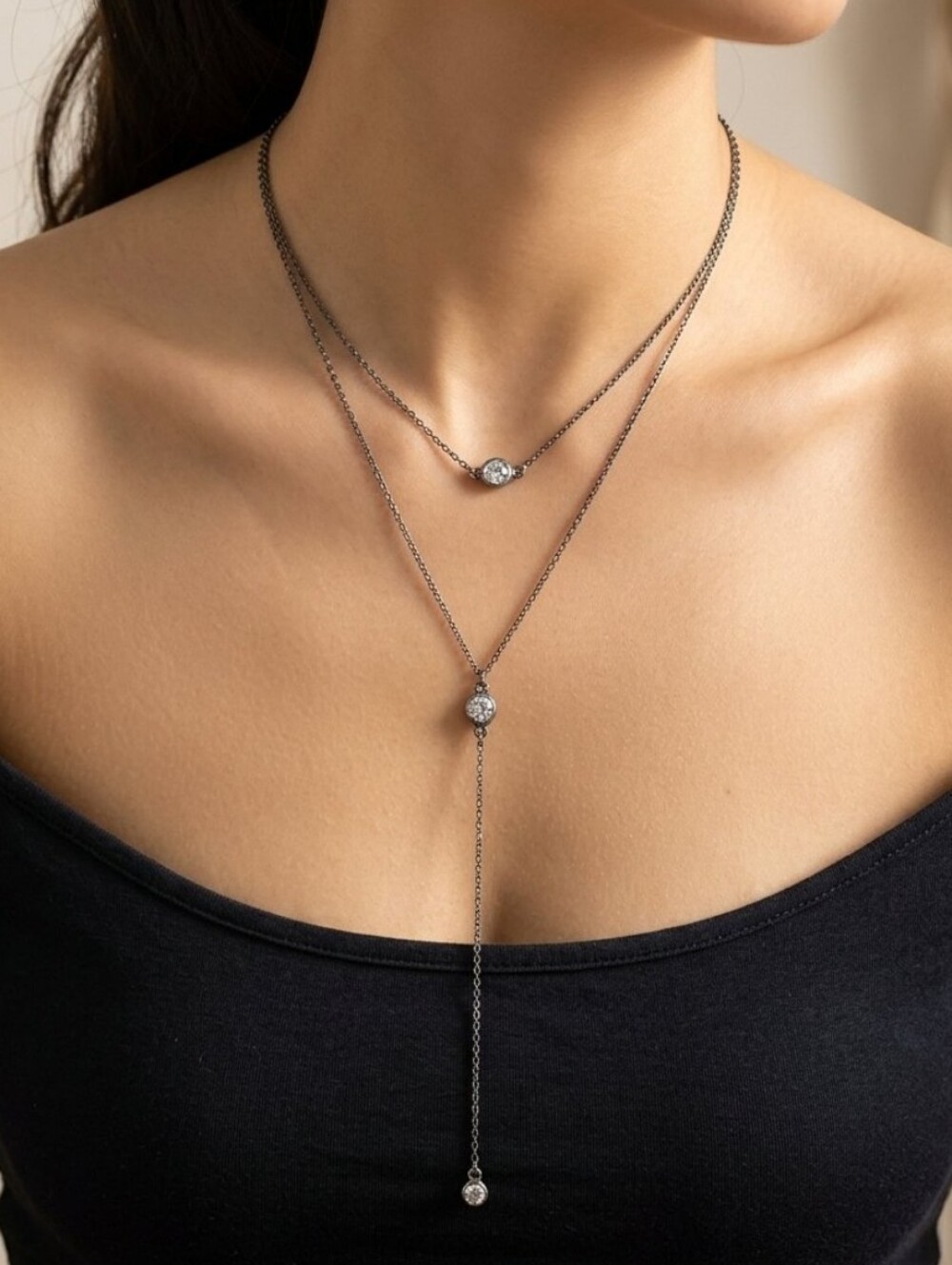 Delicate Silver Tone Layered Y Drop Necklace with Crystal Drops